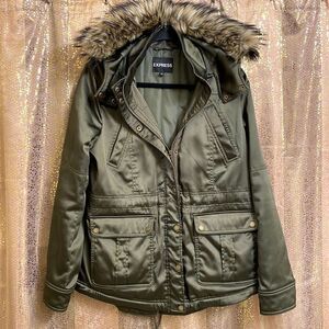 Express olive green faux fur hooded silky winter jacket, size M
